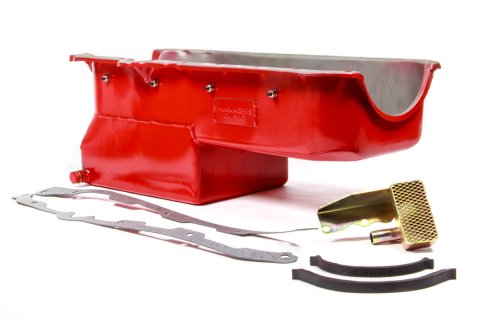 Engine Oil Pan - Econo-Series - Rear Sump - 7 qt - 8 in Deep - Pickup / Gasket Included - Steel - Red Paint - 1-Piece Seal - Small Block Chevy - Kit