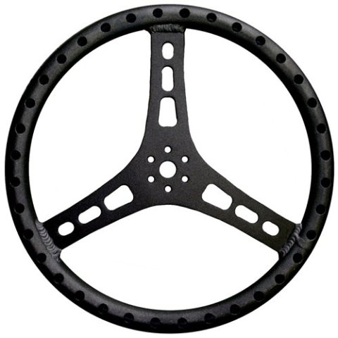 Steering Wheel - Lightweight - 15 in Diameter - 1.125 in Grip Diameter - Flat - 3-Spoke - Drilled Shot Peened Grip - Aluminum - Black Powder Coat - Each