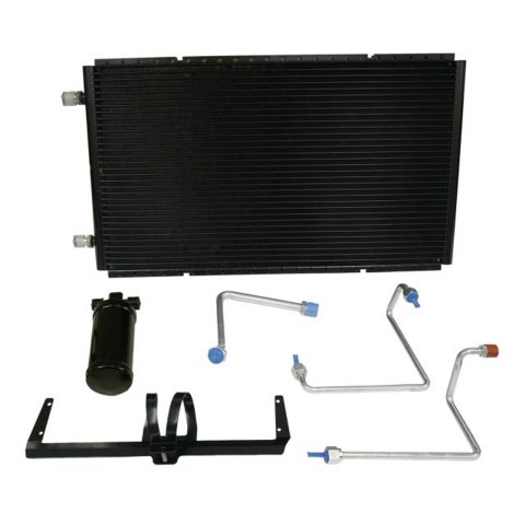 Air Conditioning Condenser and Drier - SureFit - Horizontal - 24 x 14 x 0.83 in - 6 AN / 8 AN Male O-Ring Fittings - Brackets - Aluminum - Black Paint - GM A-Body 1970-72 - Kit