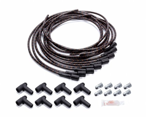Spark Plug Wire Set - Spiral Core - 7.8 mm - Lacquer Covered Cotton Braid - Black / Orange - Straight Boots - HEI Style Terminal - Universal - Kit