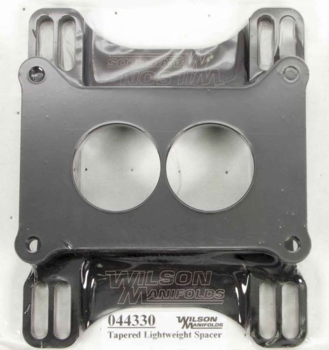 Carburetor Adapter - Tapered Lightweight - 1.5 in Thick - 2 Hole - Holley 2-Barrel to Square Bore - Aluminum - Black Anodized - Each
