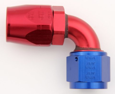 Fitting - Hose End - 90 Degree - 12 AN Hose to 12 AN Female - Aluminum - Blue / Red Anodized - Each
