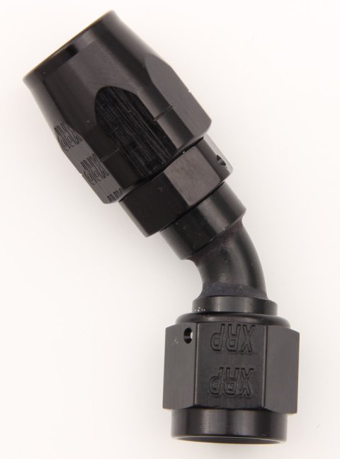 Fitting - Hose End - 45 Degree - 8 AN Hose to 8 AN Female - Double Swivel - Aluminum - Black Anodized - Each
