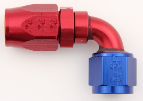 Fitting - Hose End - 90 Degree - 6 AN Hose to 6 AN Female - Double Swivel - Aluminum - Blue / Red Anodized - Each