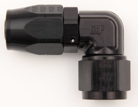 Fitting - Hose End - 90 Degree - Low Profile - 8 AN Hose to 8 AN Female - Double Swivel - Aluminum - Black Anodized - Each