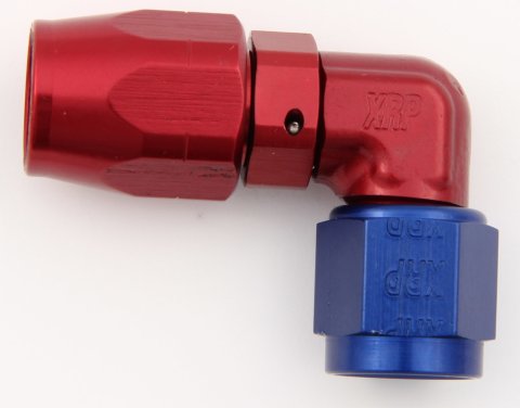 Fitting - Hose End - 90 Degree - Low Profile - 12 AN Hose to 12 AN Female - Double Swivel - Aluminum - Blue / Red Anodized - Each