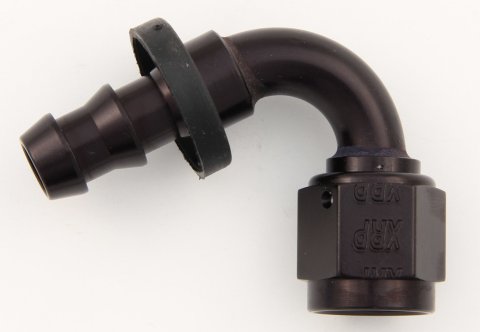Fitting - Hose End - Push-On - 120 Degree - 10 AN Hose Barb to 10 AN Female - Aluminum - Black Anodized - Each