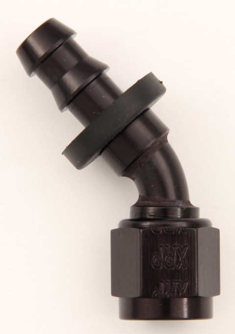Fitting - Hose End - Push-On - 45 Degree - 8 AN Hose Barb to 8 AN Female - Aluminum - Black Anodized - Each