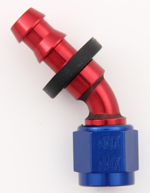 Fitting - Hose End - Push-On - 45 Degree - 10 AN Hose Barb to 10 AN Female - Aluminum - Blue / Red Anodized - Each