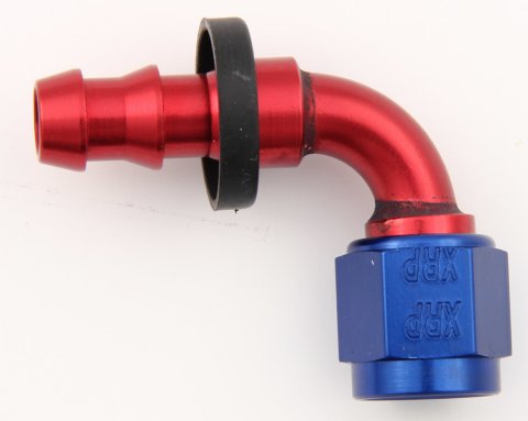 Fitting - Hose End - Push-On - 90 Degree - 6 AN Hose Barb to 6 AN Female - Aluminum - Blue / Red Anodized - Each