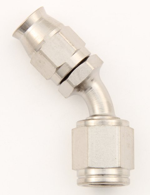 Fitting - Hose End - 45 Degree - 3 AN PTFE Hose to 3 AN Female - Steel - Natural - Each