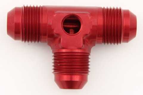 Fitting - Gauge Adapter - Tee - 8 AN Male x 8 AN Male x 8 AN Male - 1/8 in NPT Female Gauge Port - Aluminum - Red Anodized - Each