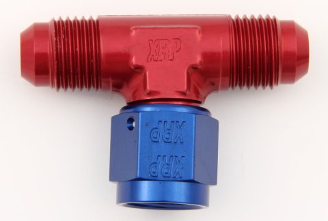 Fitting - Adapter Tee - 8 AN Female Swivel x 8 AN Male x 8 AN Male - Aluminum - Blue / Red Anodized - Each