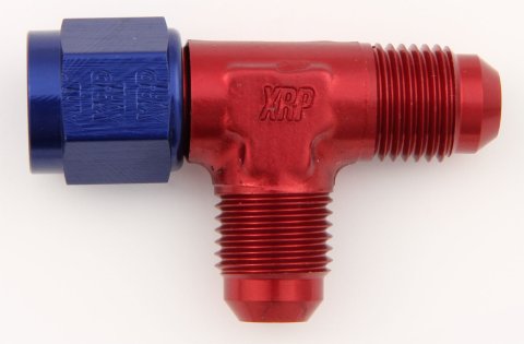 Fitting - Adapter Tee - 10 AN Female Swivel x 10 AN Male x 10 AN Male - Aluminum - Blue / Red Anodized - Each