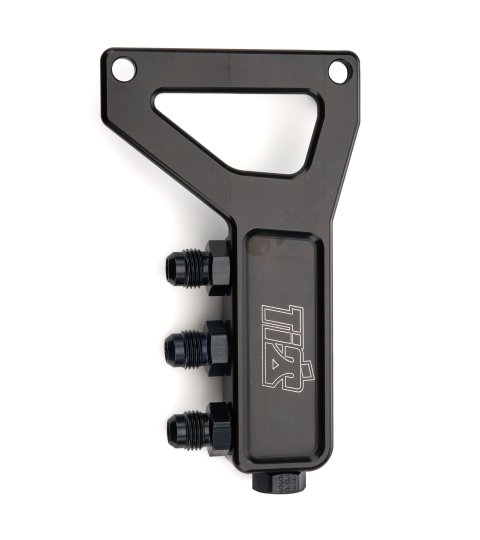 Fuel Block - Four 6 AN Female Ports - One 8 AN Female Port - Male Adapter Fittings Included - One 6 AN Male Plug - Bracket Included - Aluminum - Black Anodized - Each