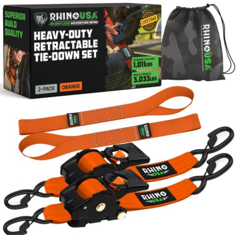 Rhino USA Retractable Ratchet Straps (4 Pack, 2Inx10Ft) (Orange)