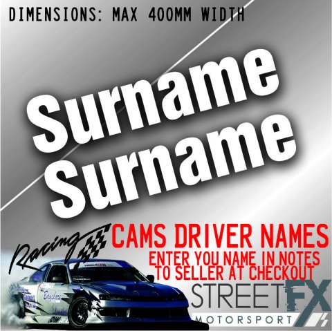 2x CAMS Approved Custom Surname Sticker Set Pack Rally Drift Motorsport Racing