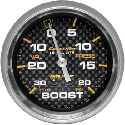 Autometer Carbon Fiber II 66.7mm Mechanical Vacuum / Boost Gauge 30 In. HG/20 PSI