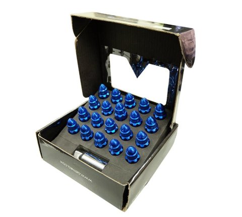 NRG 500 Series M12 X 1.5 Bullet Shape Steel Lug Nut Set - 21 Pc w/Lock Key - Blue