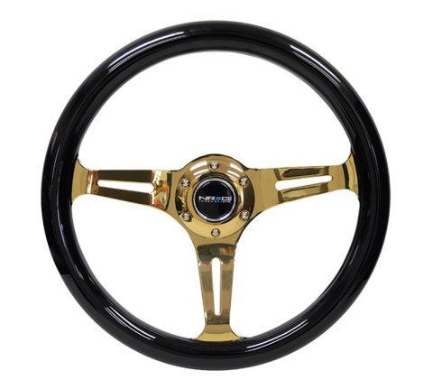 NRG Classic Wood Grain Steering Wheel (350mm) Black Grip w/Chrome Gold 3-Spoke Center