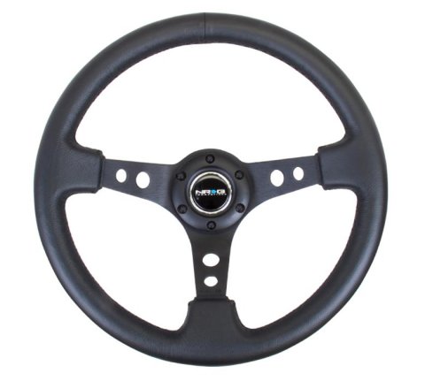 NRG Reinforced Steering Wheel (350mm / 3in. Deep) Blk Leather w/Blue Cutout Spoke & Single Yellow CM
