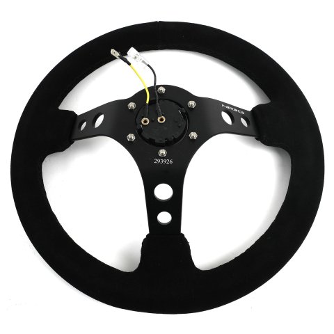 NRG Reinforced Steering Wheel (350mm / 3in. Deep) Blk Suede/Blk Stitch w/Black Circle Cutout Spokes