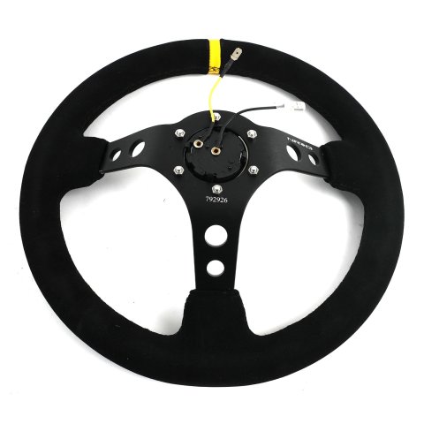 NRG Reinforced Steering Wheel (350mm / 3in. Deep) Blk Suede w/Circle Cut Spokes & Single Yellow CM