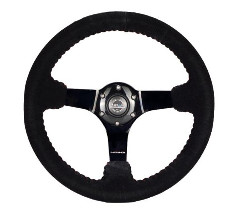 NRG Reinforced Steering Wheel (350mm / 3in. Deep) Blk Suede w/Red BBall Stitch & Black 3-Spoke