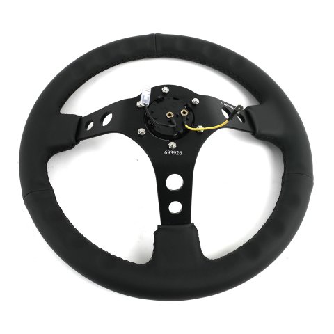 NRG Reinforced Steering Wheel (350mm / 3in. Deep) Blk Leather w/Blk Spoke & Circle Cutouts