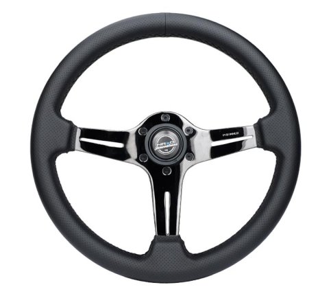 NRG Light Weight Gaming Steering Wheel - 350mm 3 Black Chrome Silver Spokes Perforated Leather