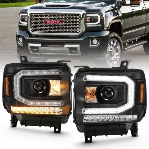 ANZO 2016-2019 GMC Sierra 1500 Projector Headlight Plank Style Black w/ Sequential Amber Signal
