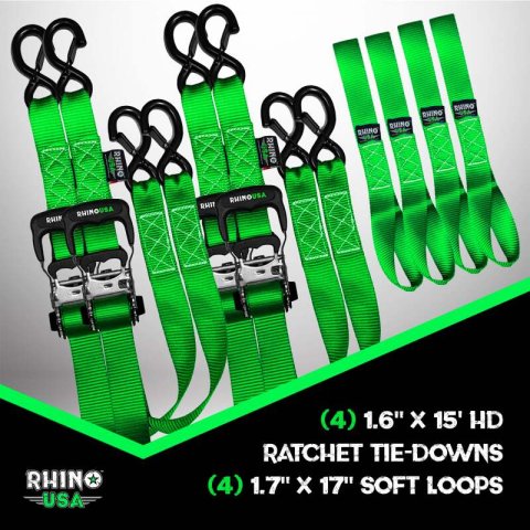 Rhino USA Heavy Duty Ratchet Tie-Down 4-Pack Green 1.6In X 15Ft thumbnail 2