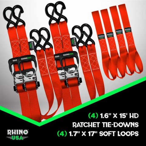 Rhino USA Heavy Duty Ratchet Tie-Down 4-Pack Red 1.6In X 15Ft thumbnail 2