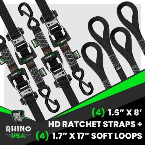 Rhino USA Heavy Duty Ratchet Tie-Down 4-Pack (Black) 1.6In X 8Ft thumbnail 2