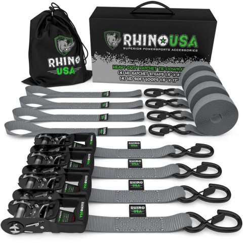 Rhino USA Heavy Duty Ratchet Tie-Down 4-Pack (Gray) 1.6In X 8Ft thumbnail 1