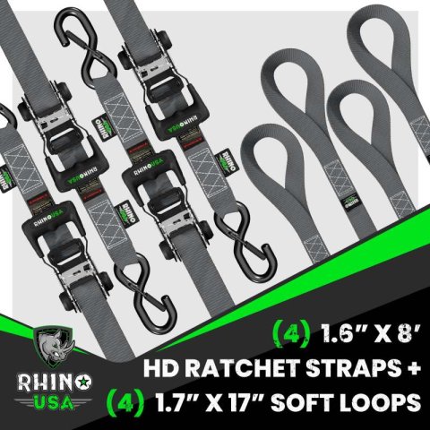 Rhino USA Heavy Duty Ratchet Tie-Down 4-Pack (Gray) 1.6In X 8Ft thumbnail 2