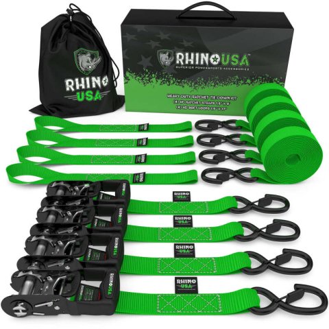 Rhino USA Heavy Duty Ratchet Tie-Down 4-Pack (Green) 1.6In X 8Ft thumbnail 1