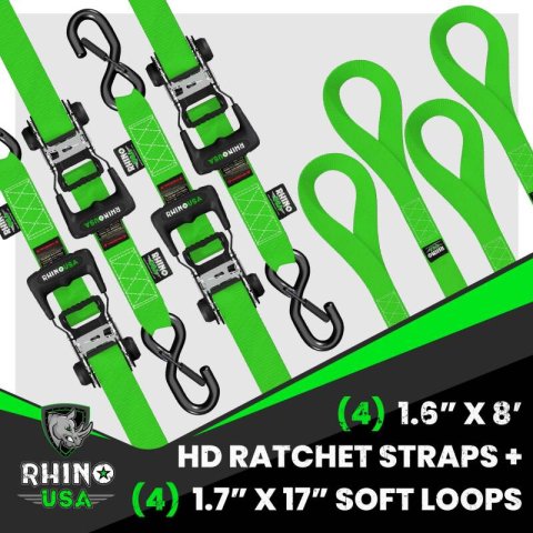 Rhino USA Heavy Duty Ratchet Tie-Down 4-Pack (Green) 1.6In X 8Ft thumbnail 2