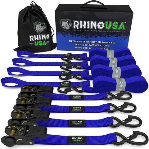 Rhino USA Medium Duty Ratchet Strap Tie-Down 4-Pack (Blue) thumbnail 2