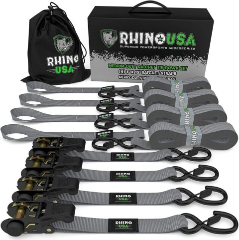 Rhino USA Medium Duty Ratchet Strap Tie-Down 4-Pack (Gray) thumbnail 1