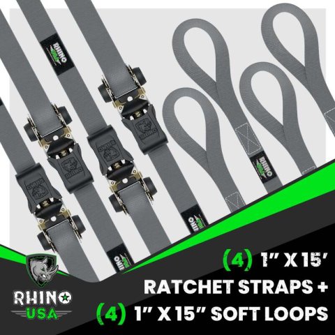 Rhino USA Medium Duty Ratchet Strap Tie-Down 4-Pack (Gray) thumbnail 2