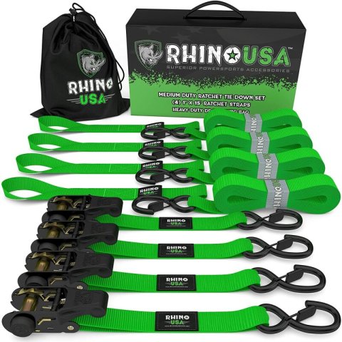 Rhino USA Medium Duty Ratchet Strap Tie-Down 4-Pack (Green) thumbnail 1