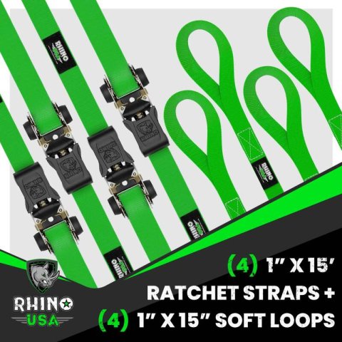 Rhino USA Medium Duty Ratchet Strap Tie-Down 4-Pack (Green) thumbnail 2