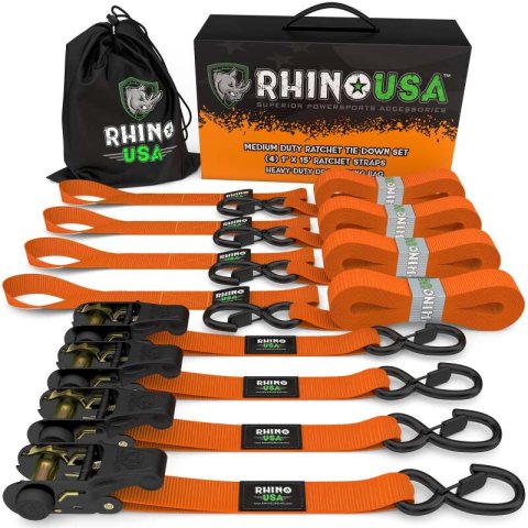 Rhino USA Medium Duty Ratchet Strap Tie-Down 4-Pack (Orange) thumbnail 2