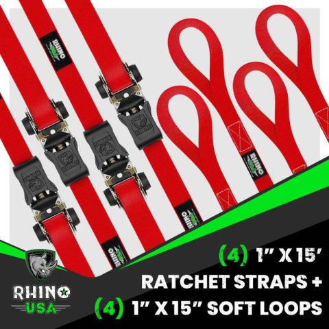 Rhino USA Medium Duty Ratchet Strap Tie-Down 4-Pack (Red) thumbnail 1