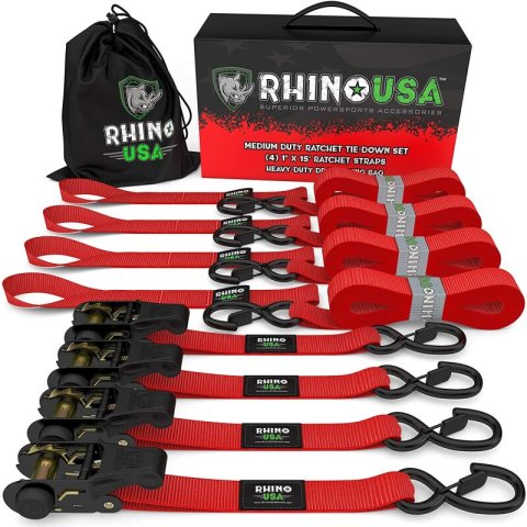 Rhino USA Medium Duty Ratchet Strap Tie-Down 4-Pack (Red) thumbnail 2