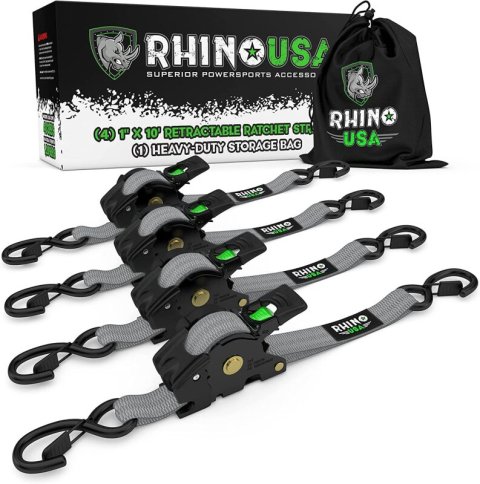 Rhino USA Retractable Ratchet Straps (4Pk 1Inx10Ft) (Gray) thumbnail 1