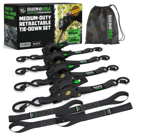 Rhino USA Retractable Ratchet Straps (4Pk 1Inx10Ft) (Black) thumbnail 1