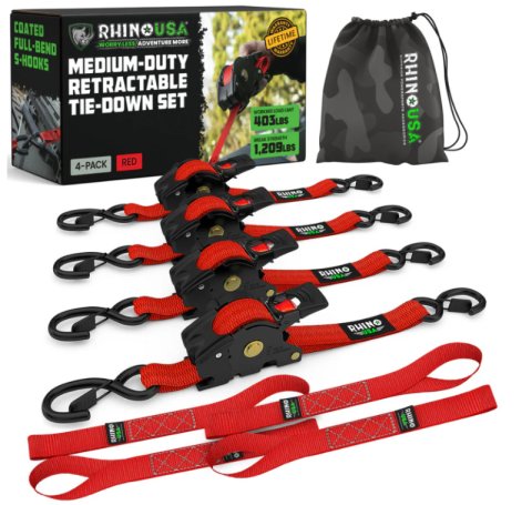 Rhino USA Retractable Ratchet Straps (4Pk 1Inx10Ft) (Red) thumbnail 1