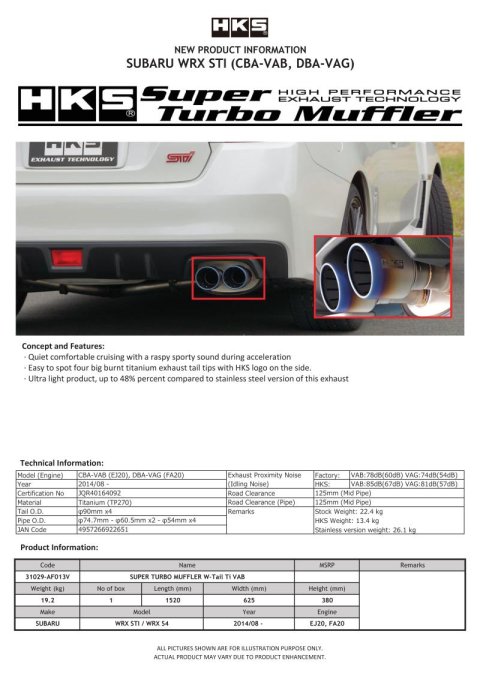 HKS SUPER TURBO MUFFLER Ti Subaru VAB WRX STI/VAG WRX S4 thumbnail 1